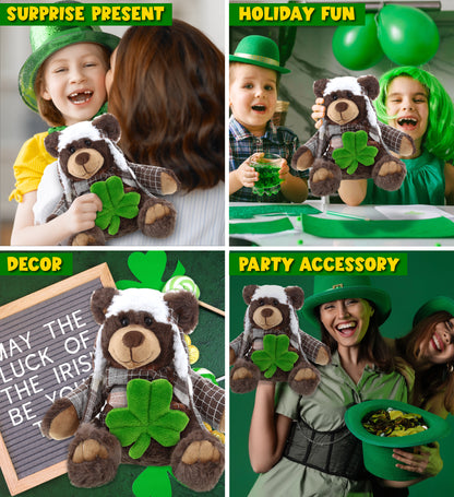 DolliBu Sitting Brown Bear Stuffed Animal with Green Plush Shamrock - 11 Inches