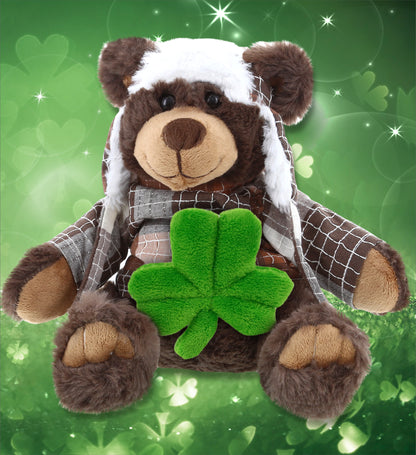 DolliBu Sitting Brown Bear Stuffed Animal with Green Plush Shamrock - 11 Inches