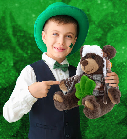DolliBu Sitting Brown Bear Stuffed Animal with Green Plush Shamrock - 11 Inches