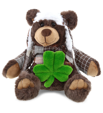 DolliBu Sitting Brown Bear Stuffed Animal with Green Plush Shamrock - 11 Inches
