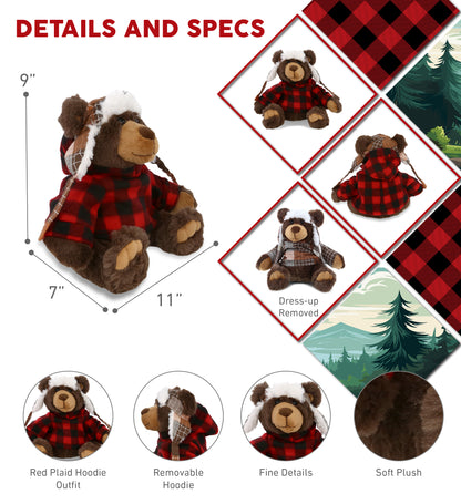 SUPER SOFT PLUSH WITH CLOTHES  - BROWN BEAR WITH RED PLAID HOODIE