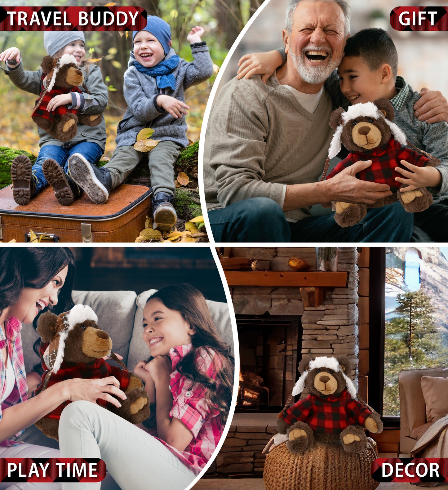 SUPER SOFT PLUSH WITH CLOTHES  - BROWN BEAR WITH RED PLAID HOODIE