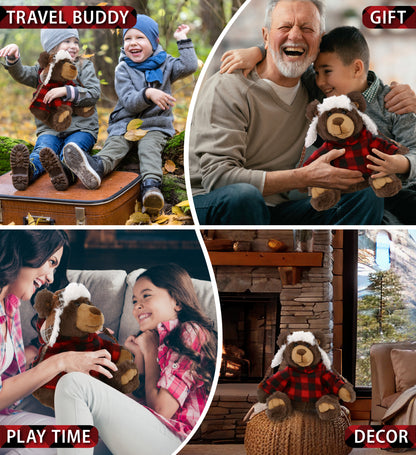 SUPER SOFT PLUSH WITH CLOTHES  - BROWN BEAR WITH RED PLAID HOODIE