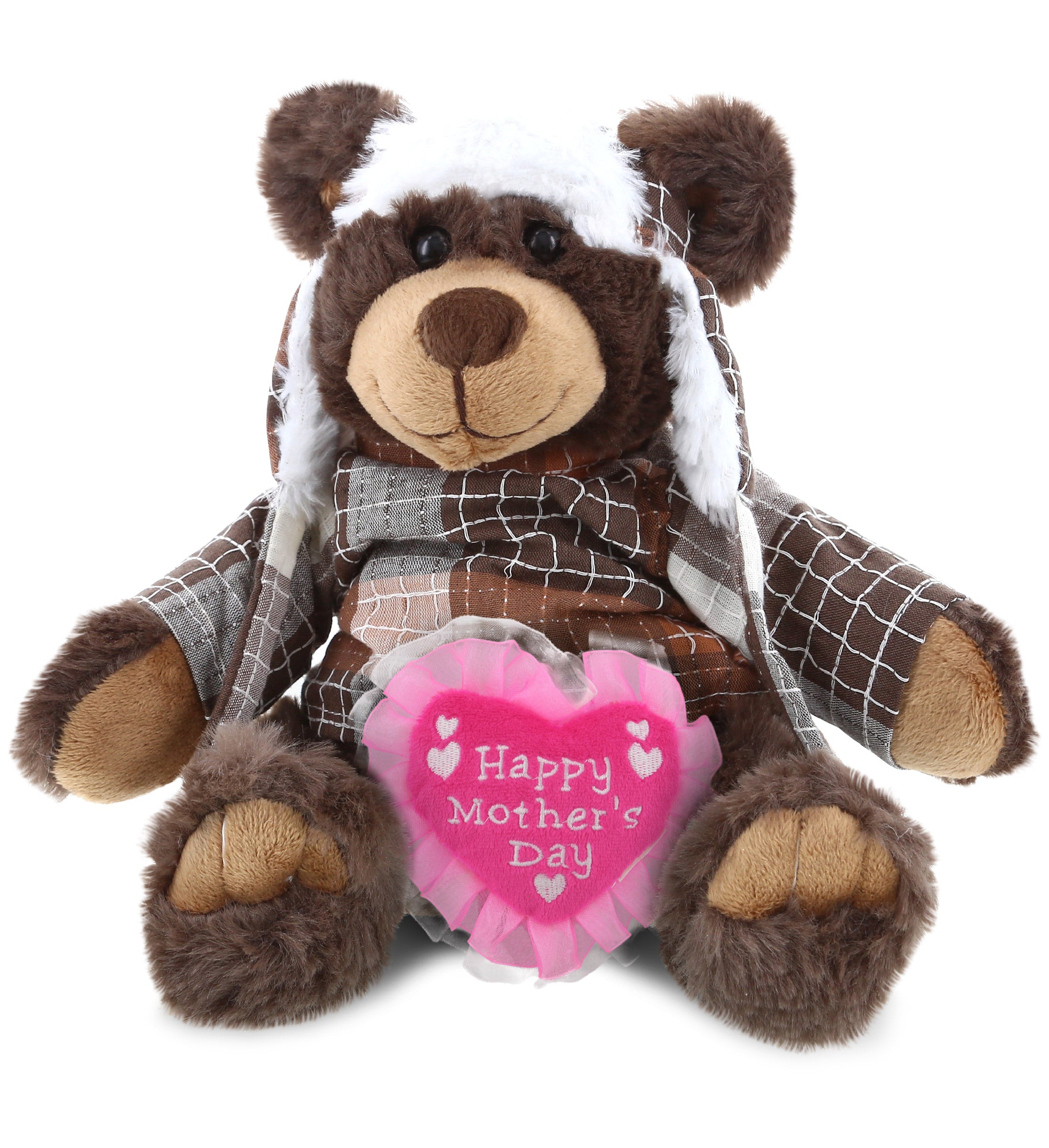 PLUSH MOTHERS DAY HEART - SUPER SOFT PLUSH WITH CLOTHES  - BROWN BEAR