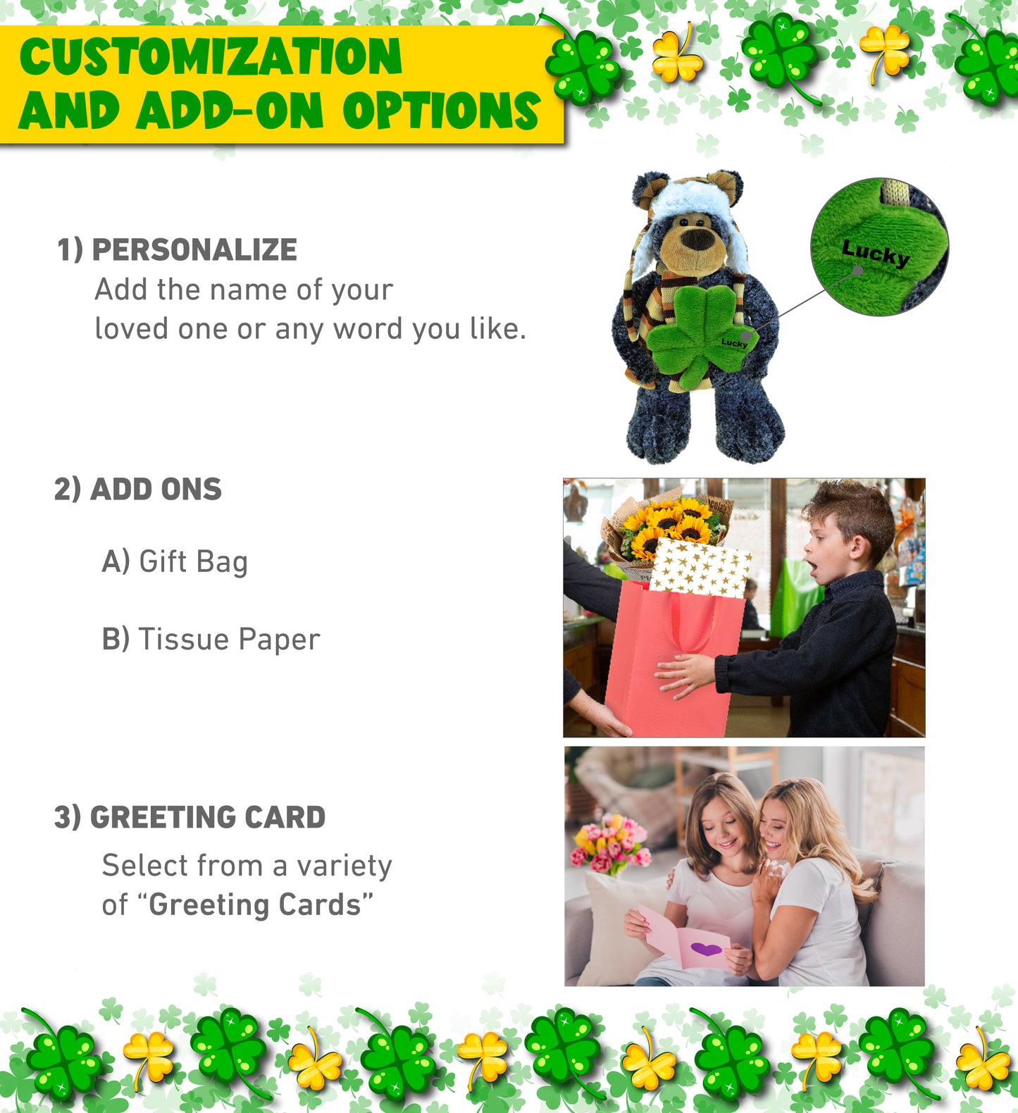DolliBu Standing Black Bear Stuffed Animal with Green Plush Shamrock - 11 Inch