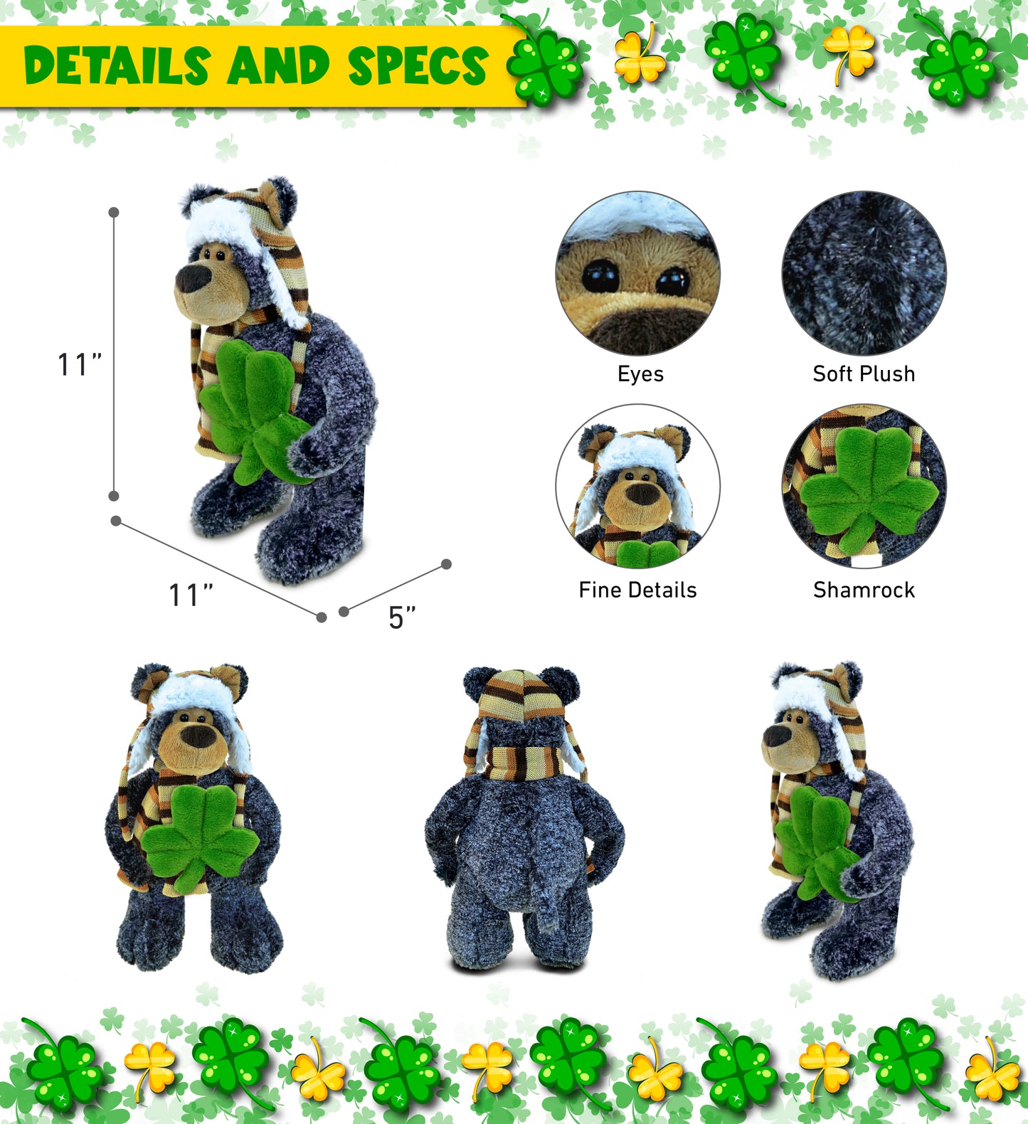 DolliBu Standing Black Bear Stuffed Animal with Green Plush Shamrock - 11 Inch