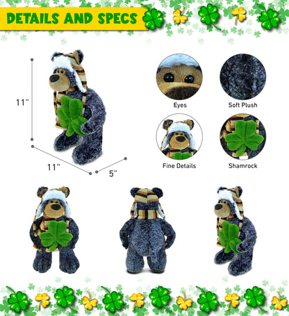 DolliBu Standing Black Bear Stuffed Animal with Green Plush Shamrock - 11 Inch