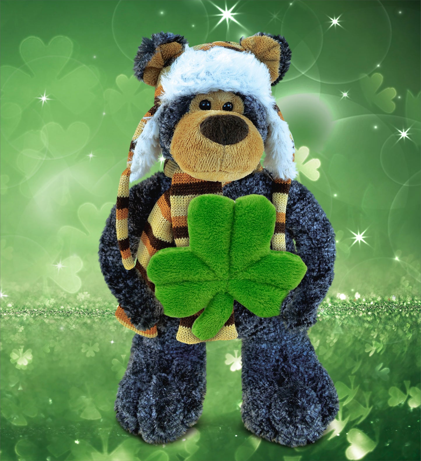 DolliBu Standing Black Bear Stuffed Animal with Green Plush Shamrock - 11 Inch