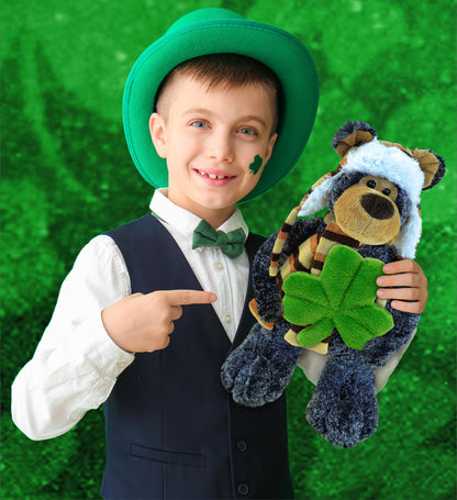 DolliBu Standing Black Bear Stuffed Animal with Green Plush Shamrock - 11 Inch