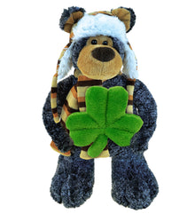 DolliBu Standing Black Bear Stuffed Animal with Green Plush Shamrock - 11 Inch