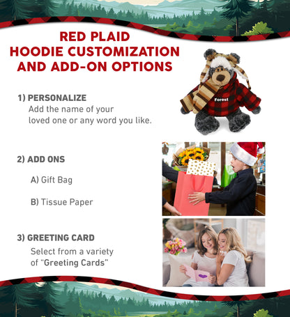 SUPER SOFT PLUSH WITH CLOTHES  - STANDING BLACK BEAR WITH RED PLAID HOODIE