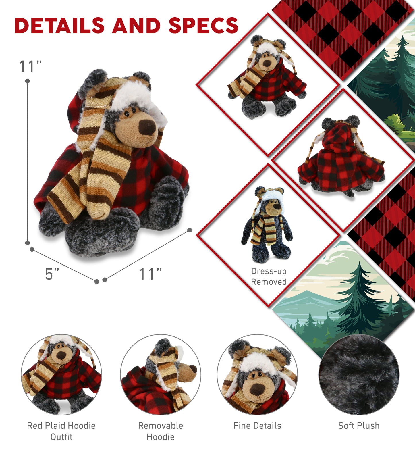 SUPER SOFT PLUSH WITH CLOTHES  - STANDING BLACK BEAR WITH RED PLAID HOODIE