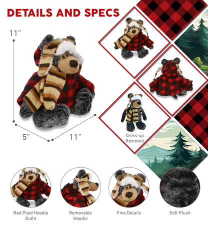 SUPER SOFT PLUSH WITH CLOTHES  - STANDING BLACK BEAR WITH RED PLAID HOODIE