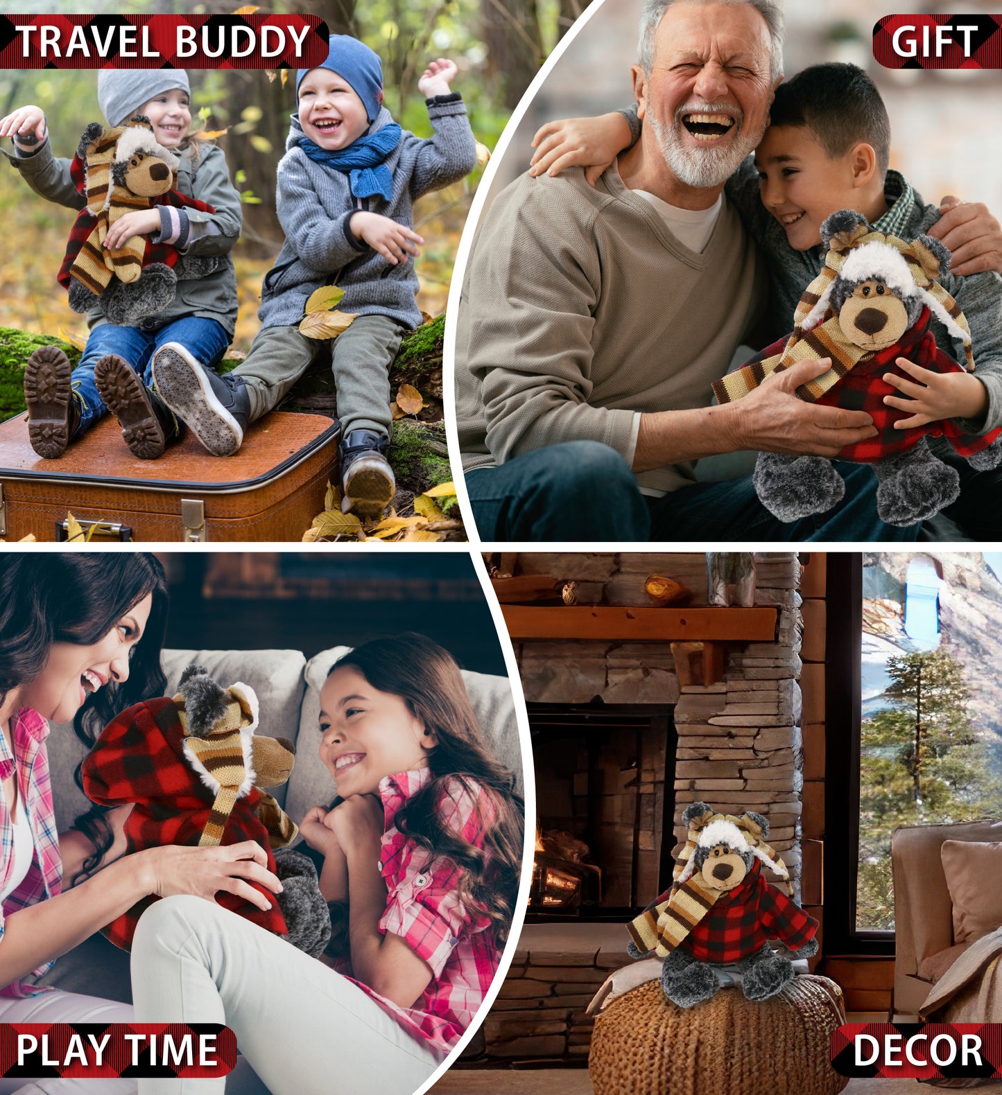 SUPER SOFT PLUSH WITH CLOTHES  - STANDING BLACK BEAR WITH RED PLAID HOODIE