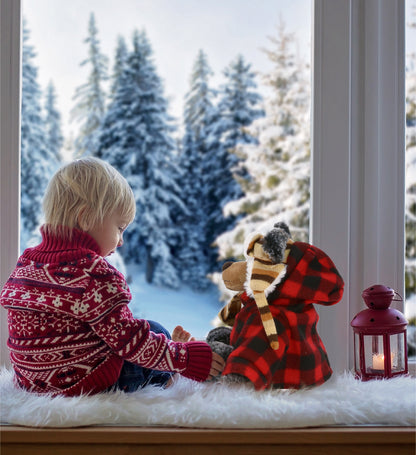 SUPER SOFT PLUSH WITH CLOTHES  - STANDING BLACK BEAR WITH RED PLAID HOODIE