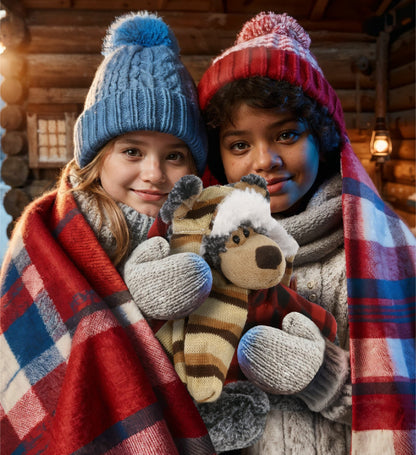 SUPER SOFT PLUSH WITH CLOTHES  - STANDING BLACK BEAR WITH RED PLAID HOODIE