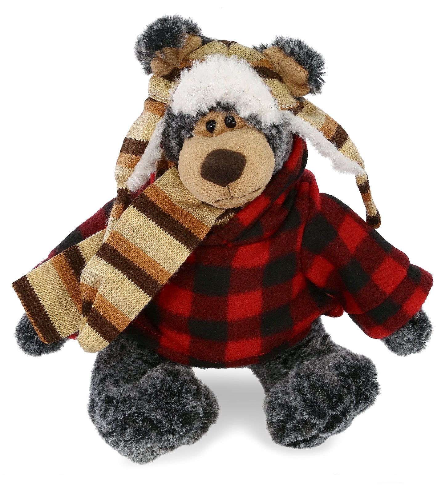 SUPER SOFT PLUSH WITH CLOTHES  - STANDING BLACK BEAR WITH RED PLAID HOODIE