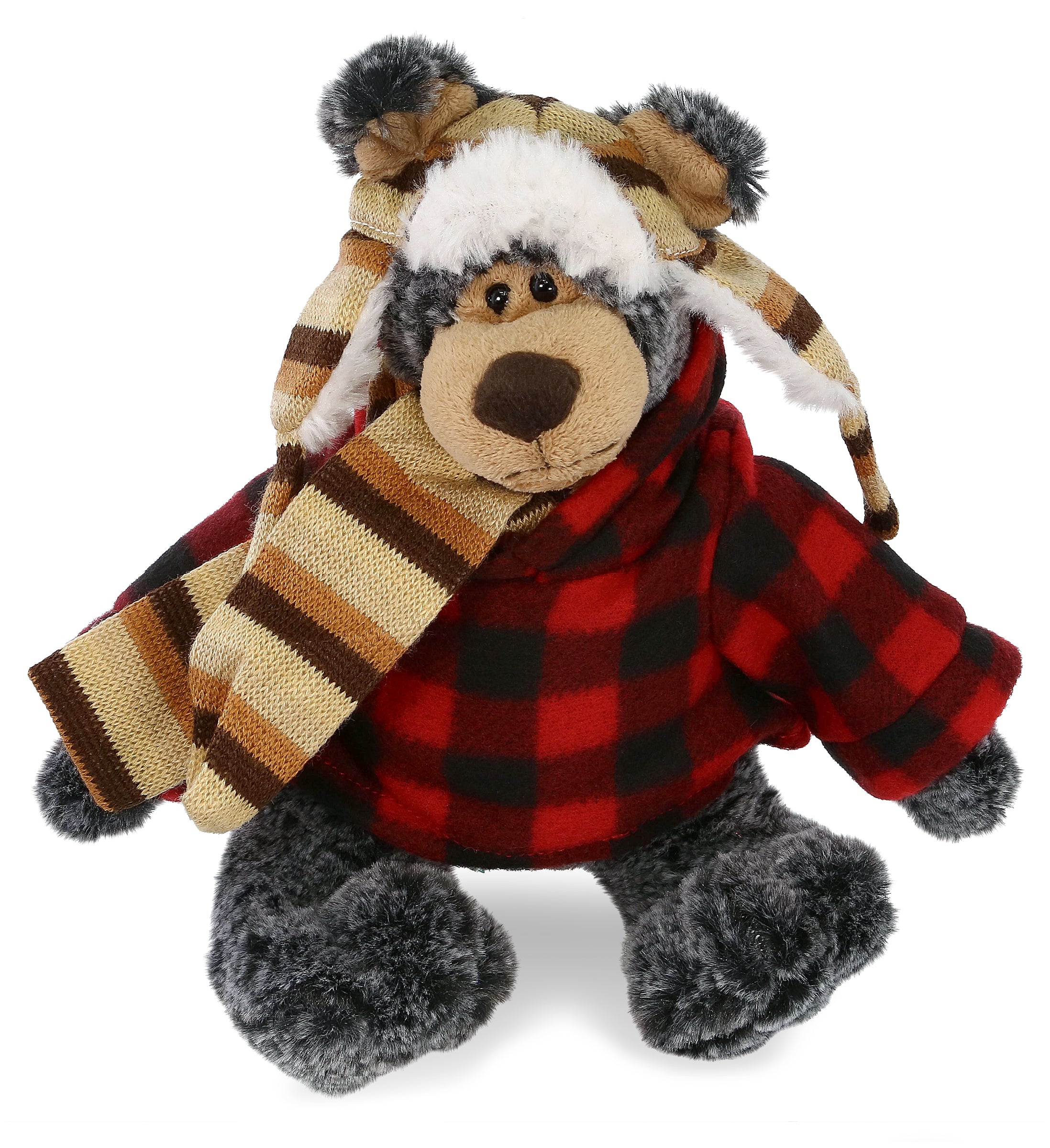 SUPER SOFT PLUSH WITH CLOTHES  - STANDING BLACK BEAR WITH RED PLAID HOODIE