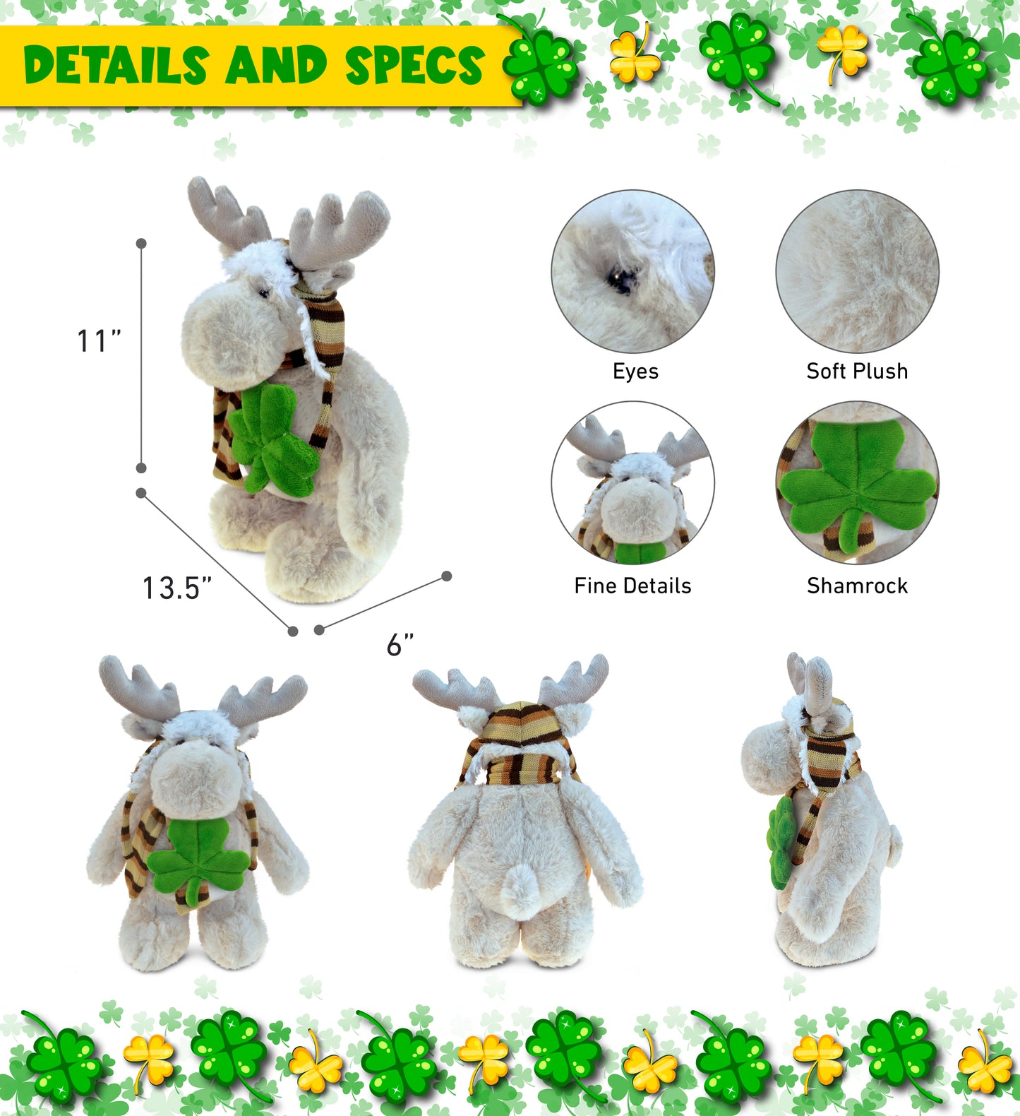 DolliBu Standing Moose Stuffed Animal with Green Plush Shamrock - 11 Inches