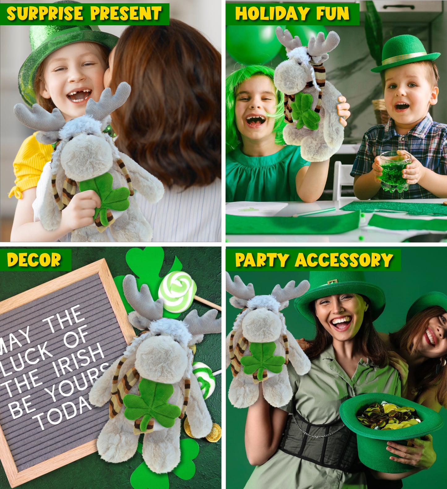 DolliBu Standing Moose Stuffed Animal with Green Plush Shamrock - 11 Inches