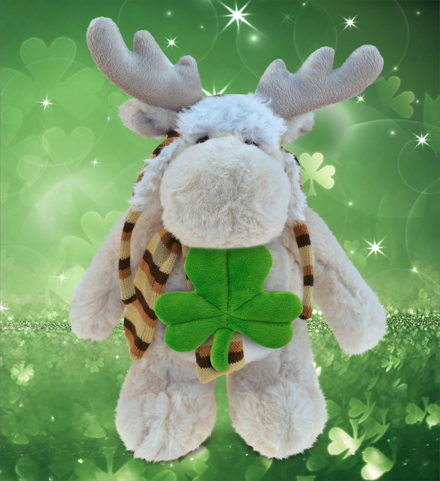 DolliBu Standing Moose Stuffed Animal with Green Plush Shamrock - 11 Inches