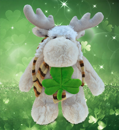 DolliBu Standing Moose Stuffed Animal with Green Plush Shamrock - 11 Inches