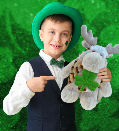 DolliBu Standing Moose Stuffed Animal with Green Plush Shamrock - 11 Inches
