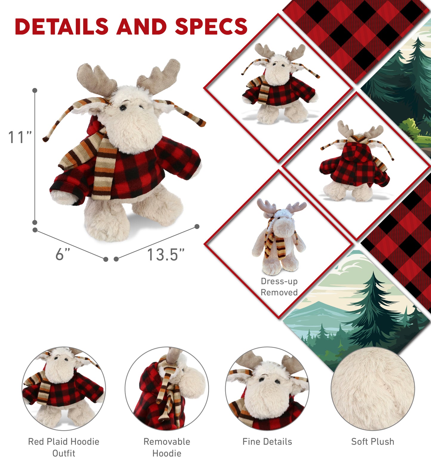 SUPER SOFT PLUSH WITH CLOTHES  - STANDING MOOSE WITH RED PLAID HOODIE