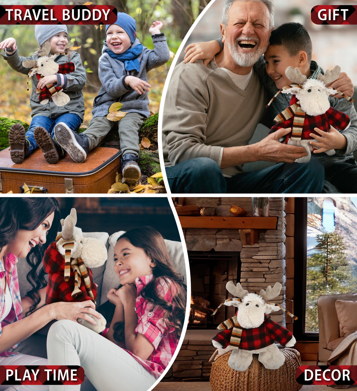 SUPER SOFT PLUSH WITH CLOTHES  - STANDING MOOSE WITH RED PLAID HOODIE