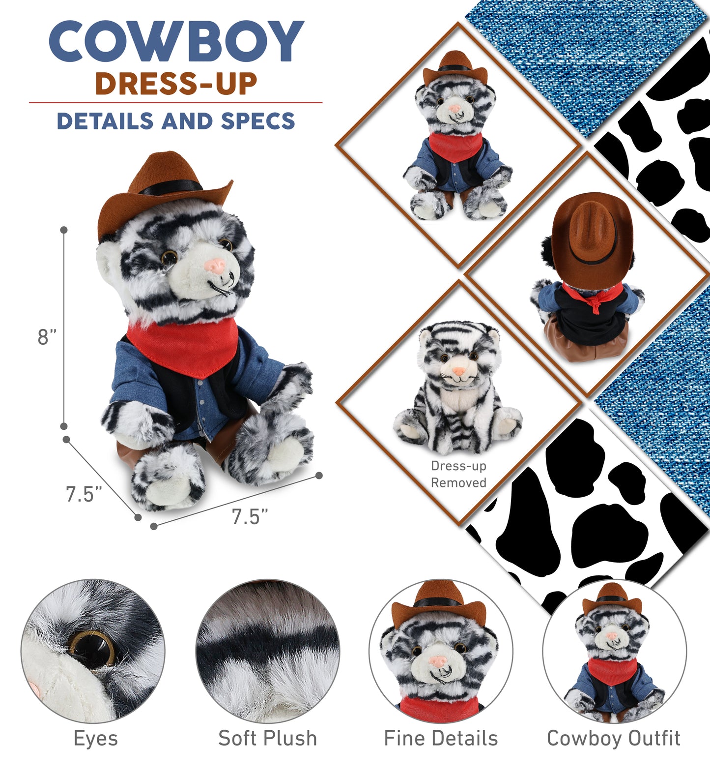 SUPER-SOFT PLUSH - SQUAT WHITE TIGER 8" COWBOY DRESS UP
