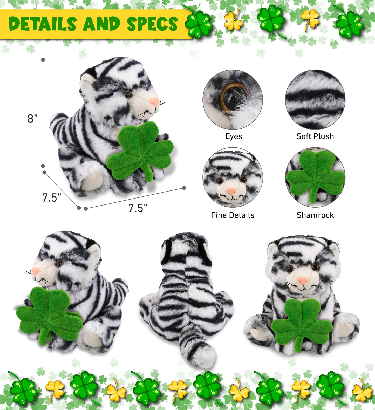 DolliBu Squat White Tiger Stuffed Animal with Green Plush Shamrock - 8 Inches
