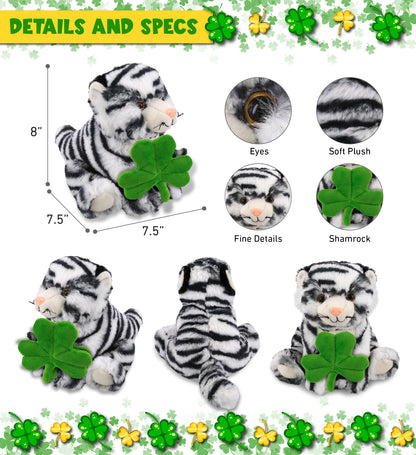 DolliBu Squat White Tiger Stuffed Animal with Green Plush Shamrock - 8 Inches