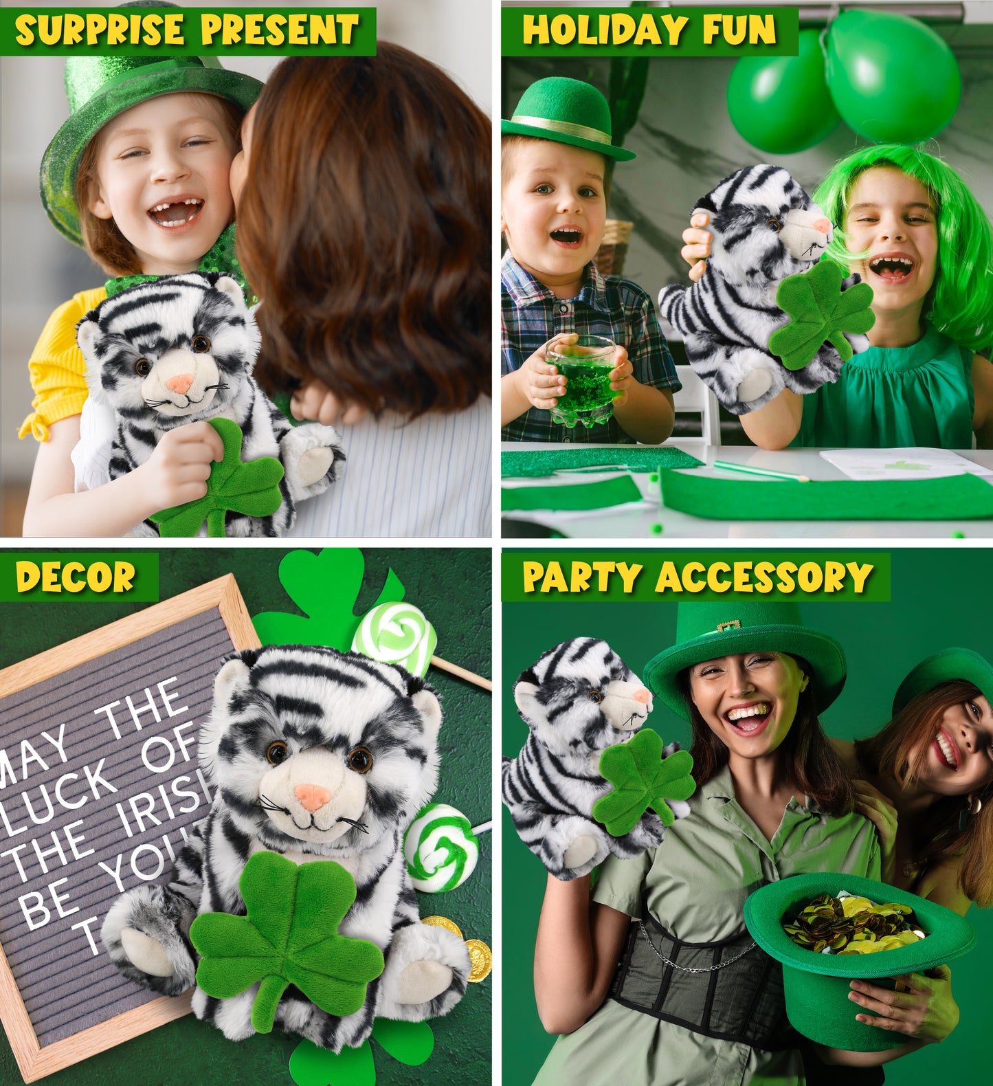 DolliBu Squat White Tiger Stuffed Animal with Green Plush Shamrock - 8 Inches