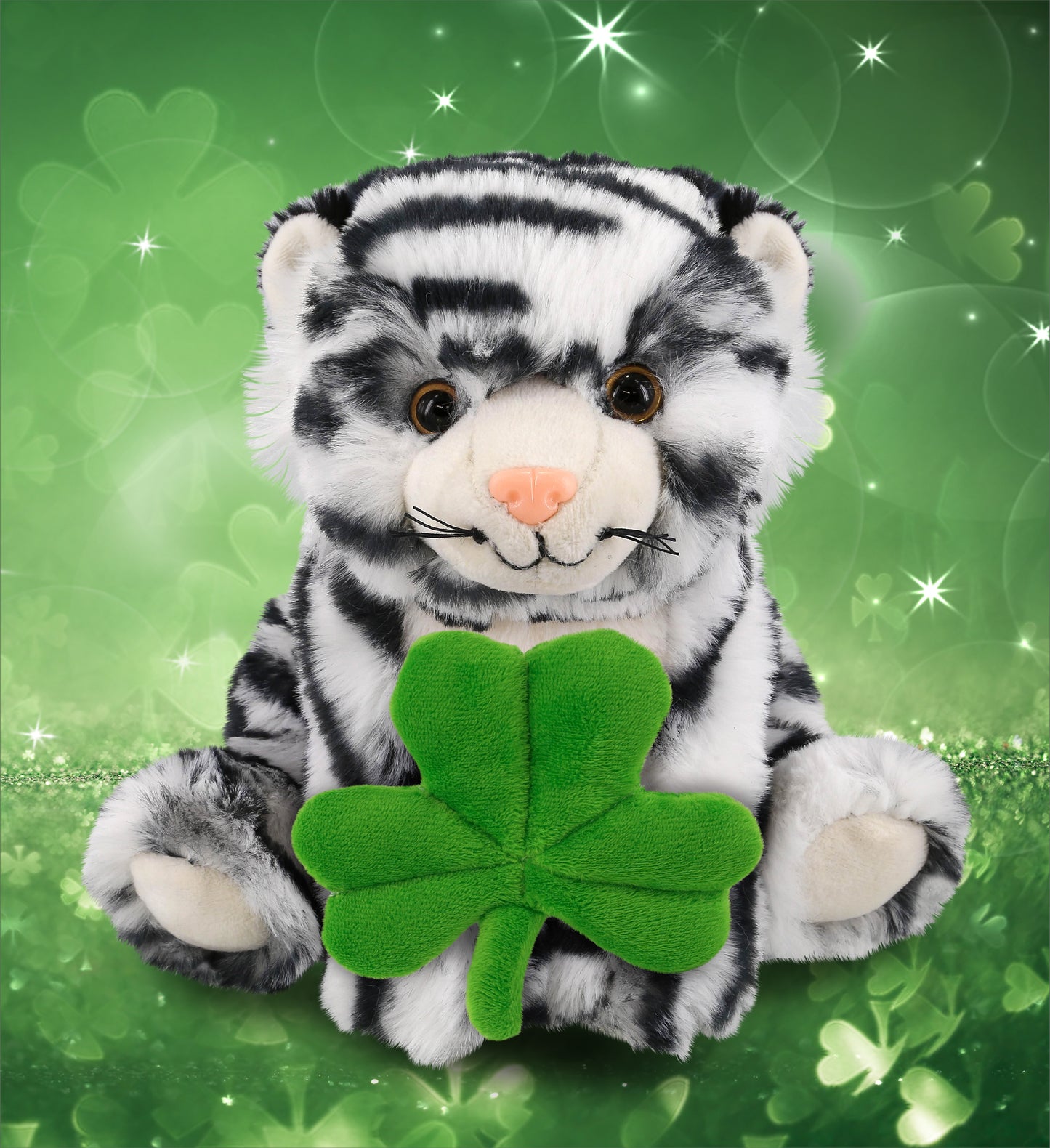 DolliBu Squat White Tiger Stuffed Animal with Green Plush Shamrock - 8 Inches
