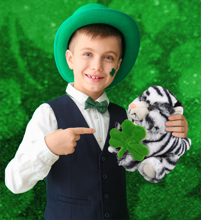DolliBu Squat White Tiger Stuffed Animal with Green Plush Shamrock - 8 Inches
