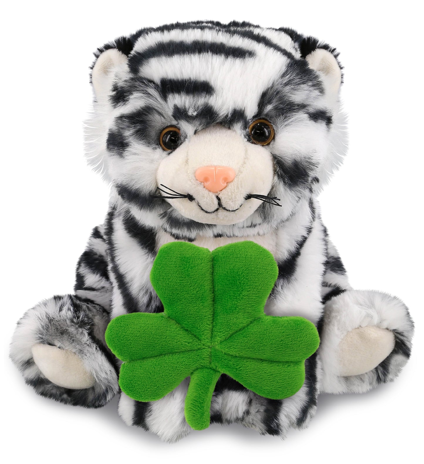 DolliBu Squat White Tiger Stuffed Animal with Green Plush Shamrock - 8 Inches