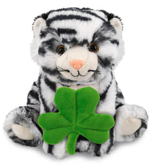 DolliBu Squat White Tiger Stuffed Animal with Green Plush Shamrock - 8 Inches