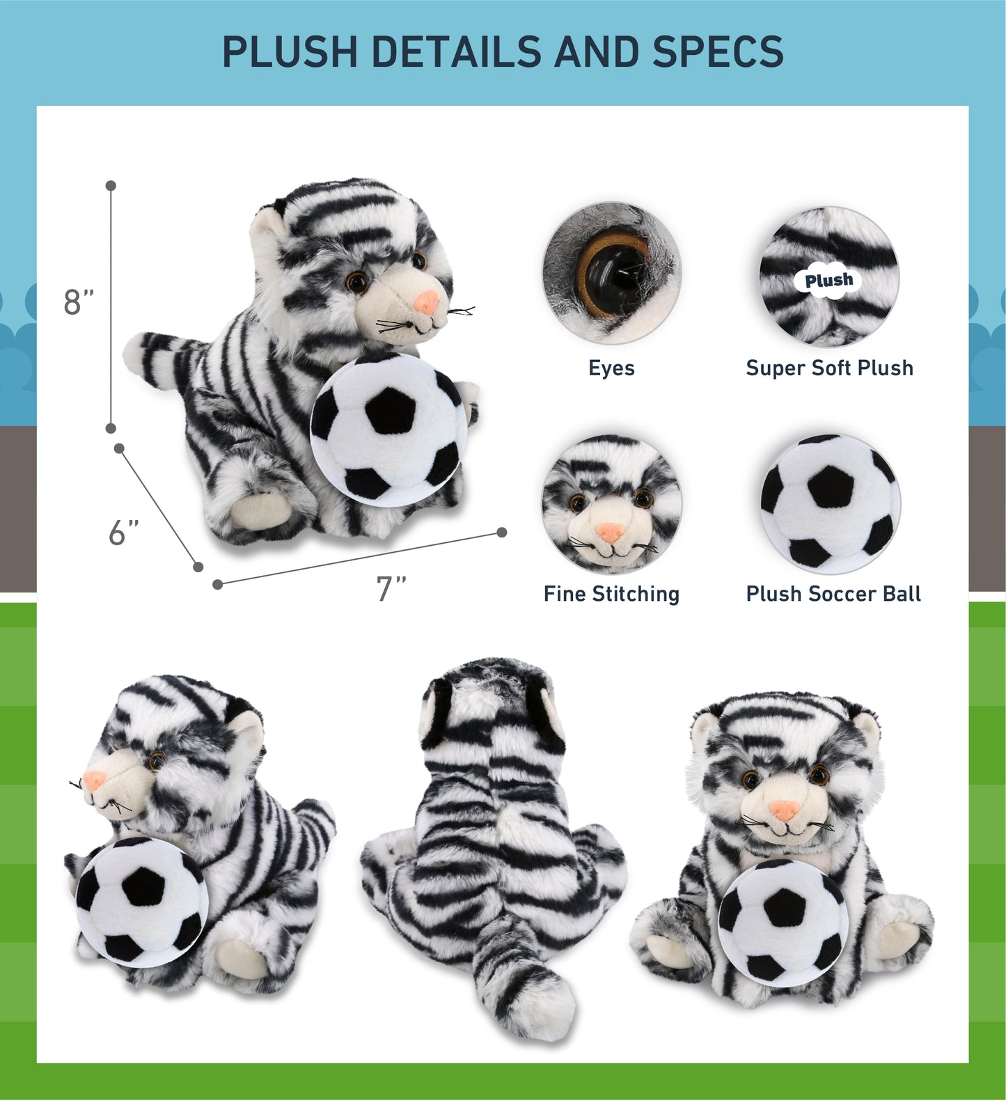 SUPER-SOFT PLUSH - SQUAT WHITE TIGER 8" WITH SOCCER PLUSH
