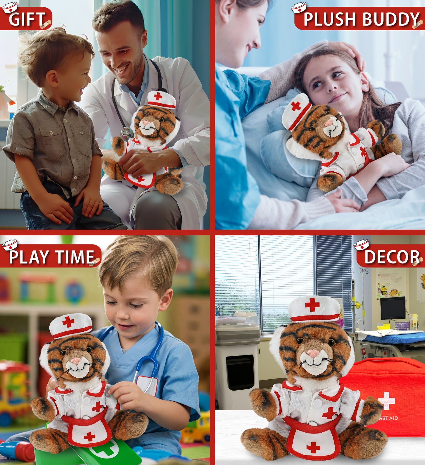 SUPER-SOFT PLUSH - SQUAT TIGER 8" With NURSE Dress-Up