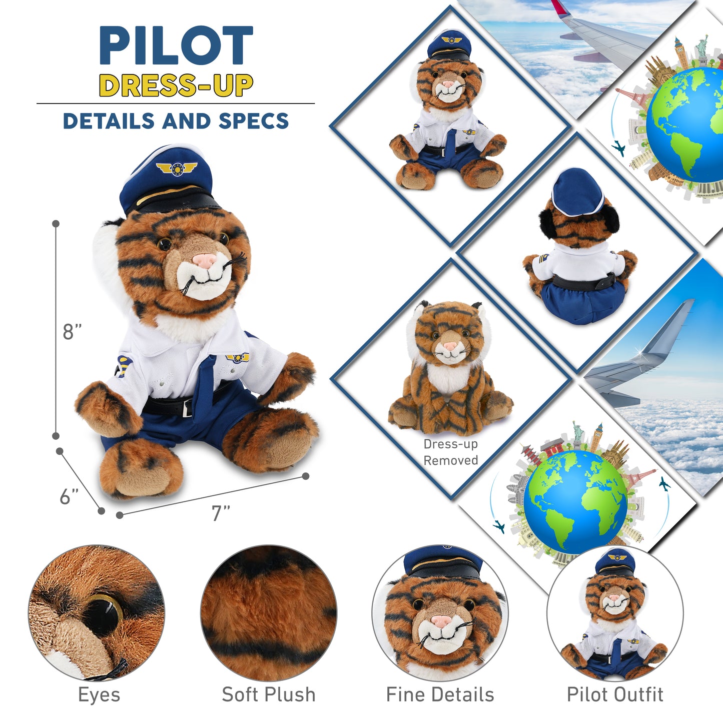 SUPER-SOFT PLUSH - SQUAT TIGER 8" WITH PILOT DRESS UP
