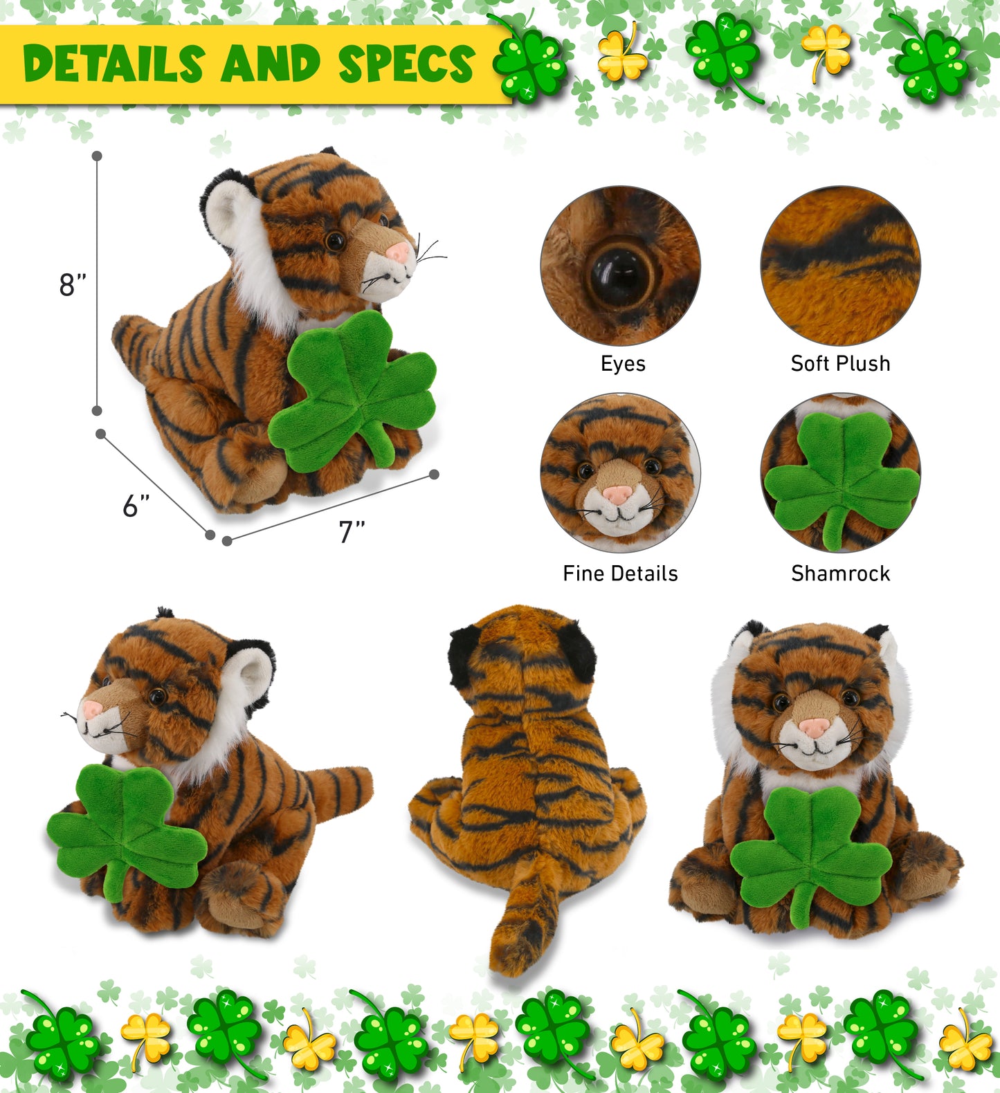 DolliBu Cute Squat Tiger Stuffed Animal with Green Plush Shamrock - 8 Inches