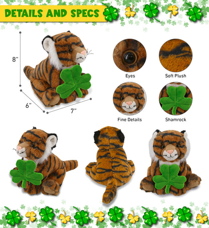 DolliBu Cute Squat Tiger Stuffed Animal with Green Plush Shamrock - 8 Inches