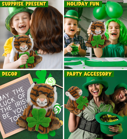 DolliBu Cute Squat Tiger Stuffed Animal with Green Plush Shamrock - 8 Inches