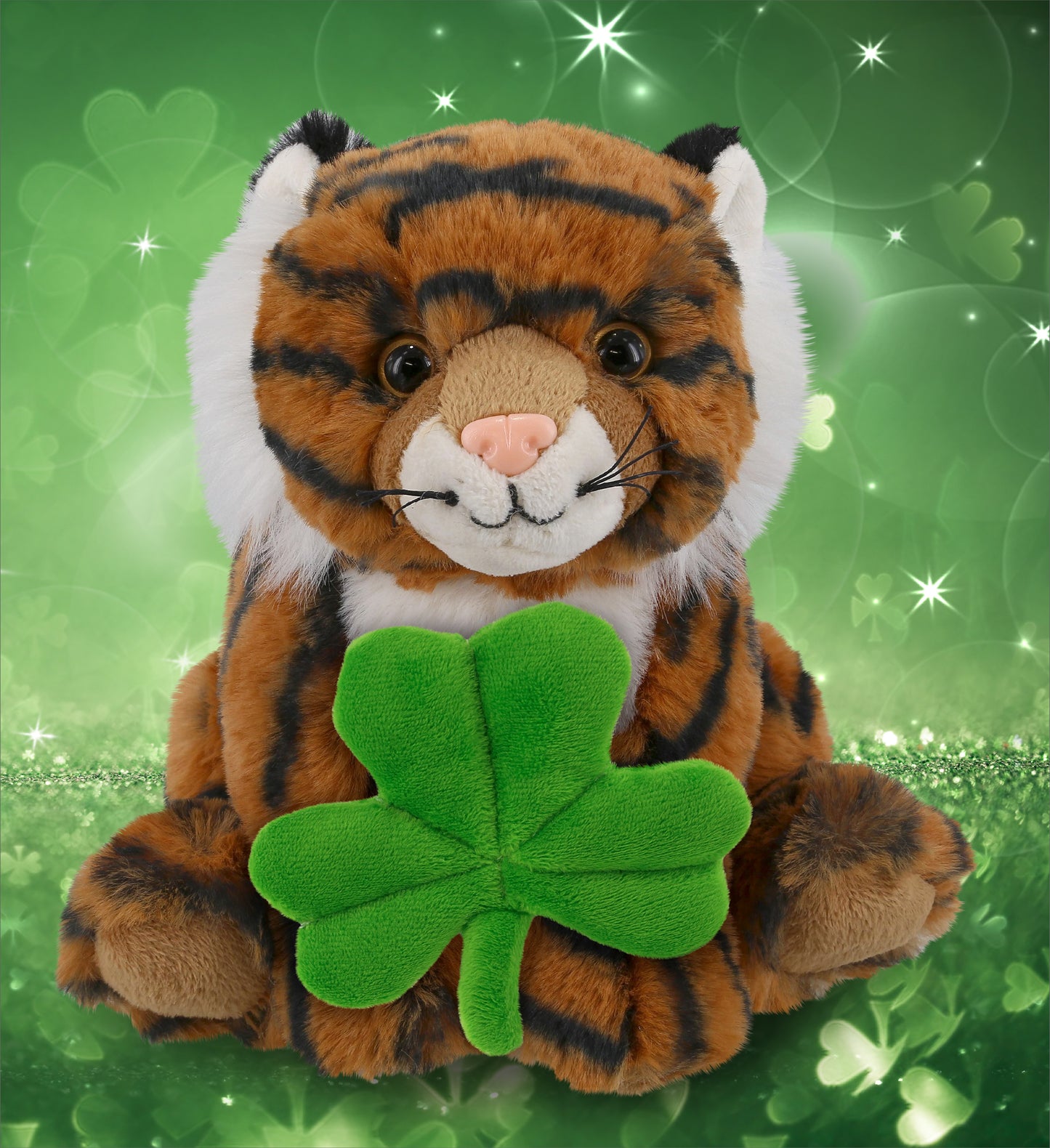 DolliBu Cute Squat Tiger Stuffed Animal with Green Plush Shamrock - 8 Inches