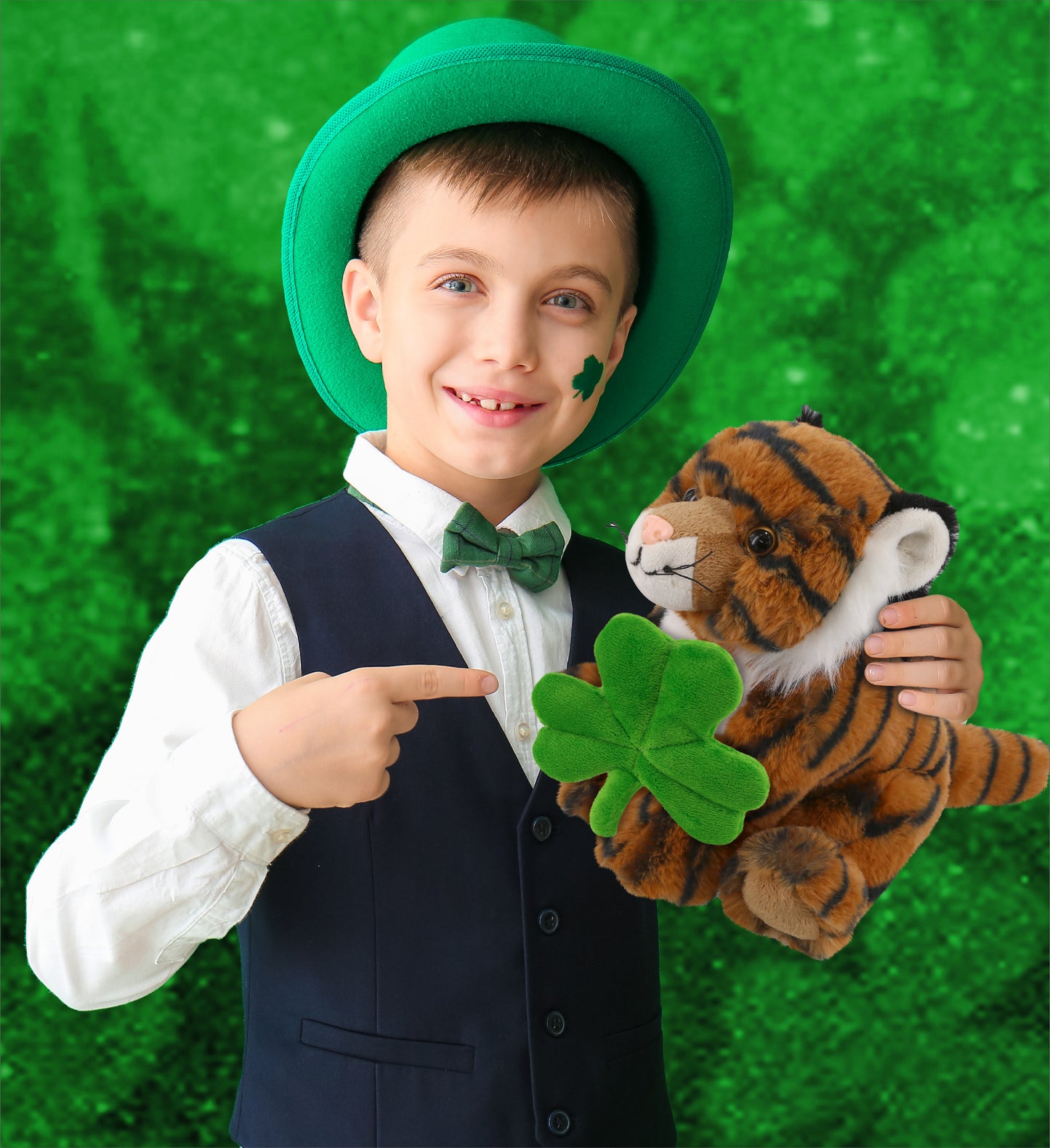 DolliBu Cute Squat Tiger Stuffed Animal with Green Plush Shamrock - 8 Inches