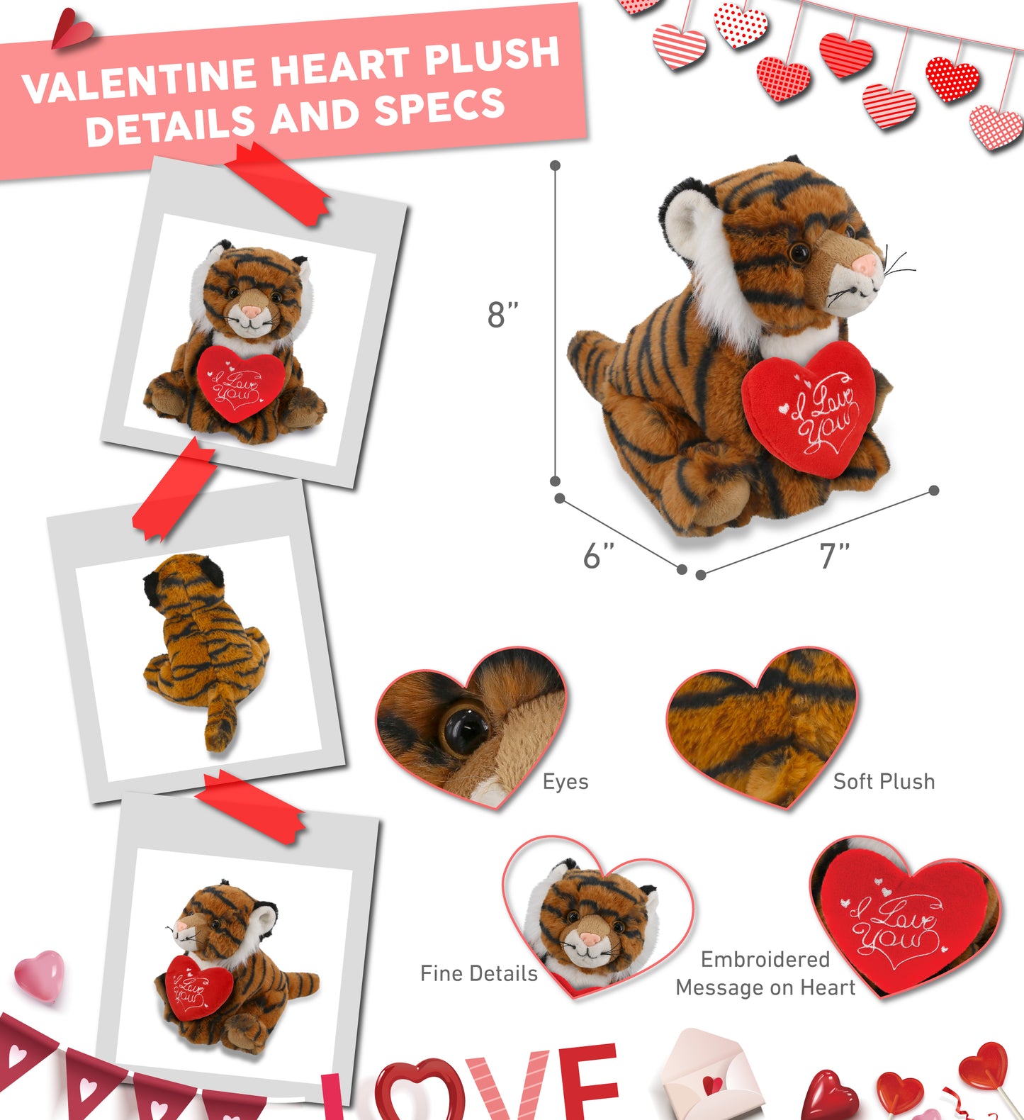 PLUSH I LOVE YOU RED HEART - SUPER-SOFT PLUSH - SQUAT TIGER 8"