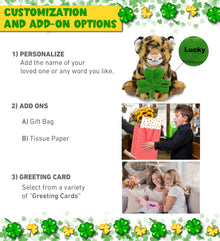 DolliBu Cute Squat Leopard Stuffed Animal with Green Plush Shamrock - 8 Inches