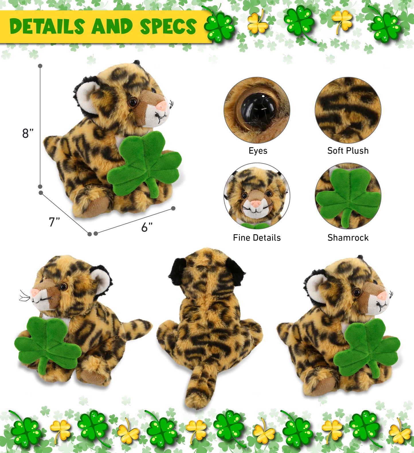 DolliBu Cute Squat Leopard Stuffed Animal with Green Plush Shamrock - 8 Inches