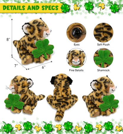 DolliBu Cute Squat Leopard Stuffed Animal with Green Plush Shamrock - 8 Inches