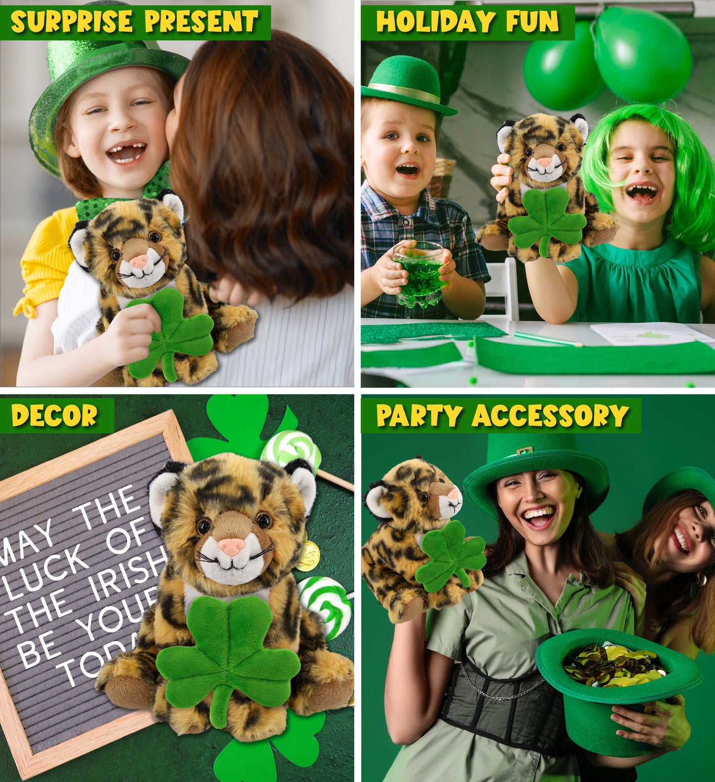 DolliBu Cute Squat Leopard Stuffed Animal with Green Plush Shamrock - 8 Inches